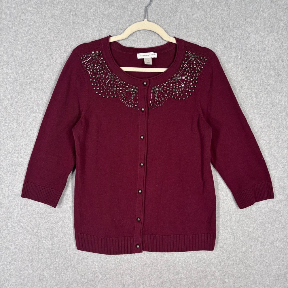 Christopher‎ Banks Beaded Cardigan Sweater Medium Burgundy Embellished Cotton